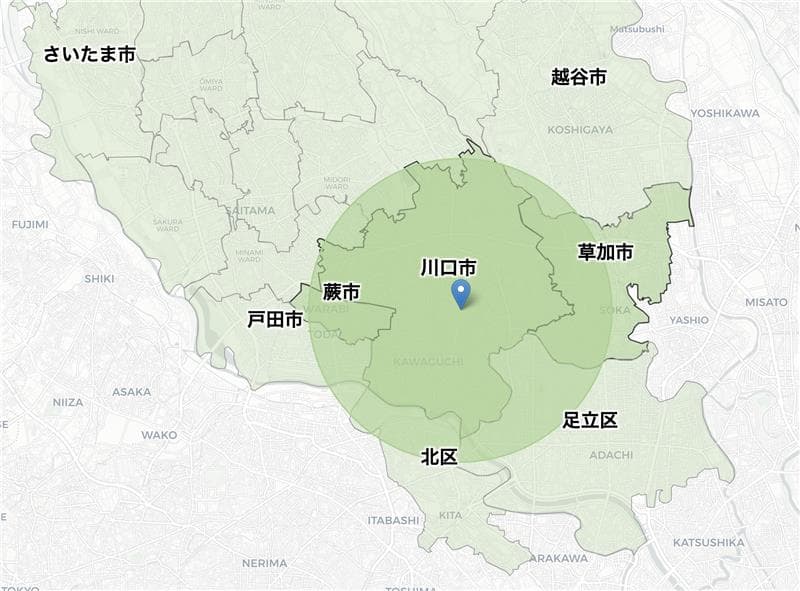 訪問エリアの地図:川口市・草加市の全域と、さいたま市・戸田市・蕨市・足立区・北区の一部